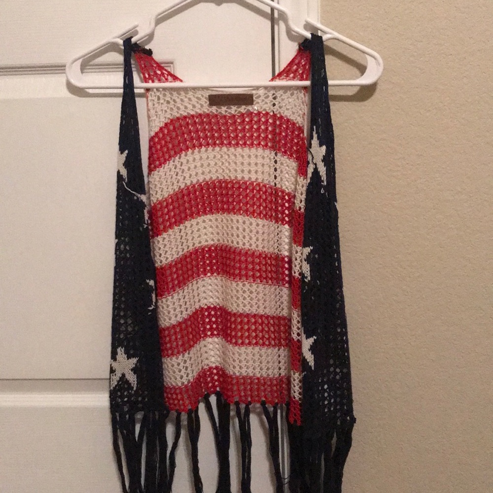Red, white, and blue cardigan